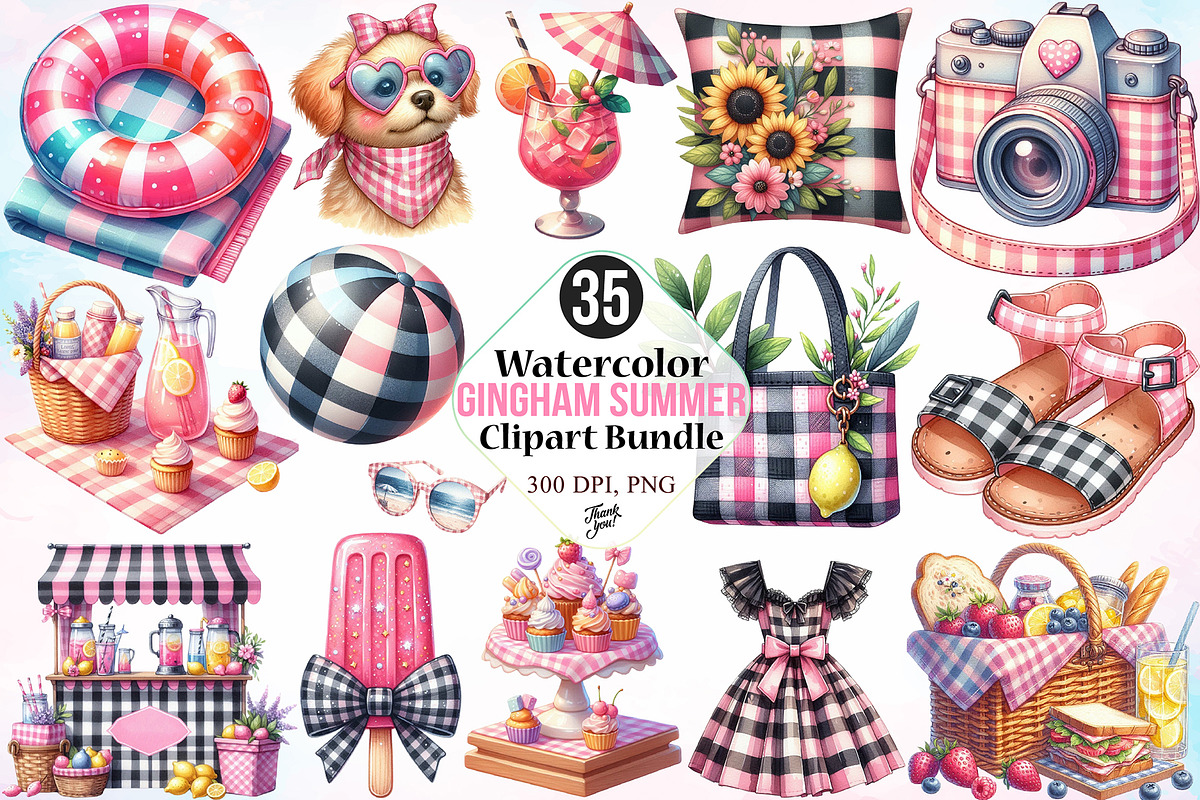 Watercolor Gingham Summer Clipart, a Seasonal Illustration by Canvas Craft (Photo 1 of 3)