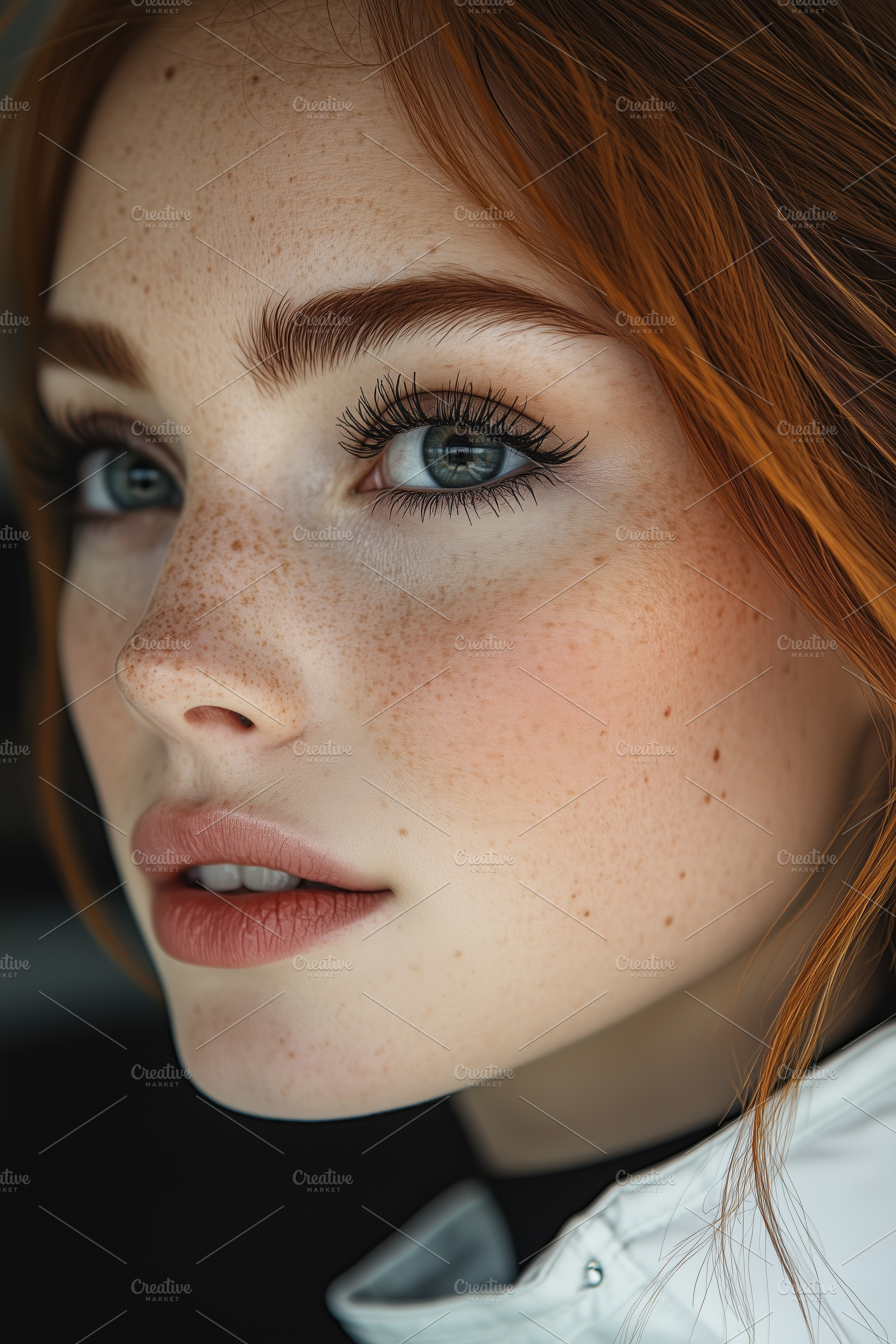 A close-up portrait of a young woman esthetic technologist with striking red ha, a Person Photo by Textures & Backgrounds