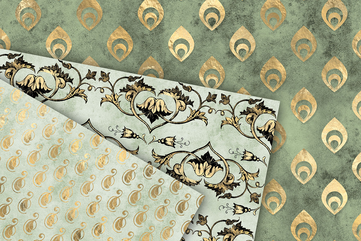 Sage & Gold Peacock Digital Paper, a Pattern Graphic by Digital Curio