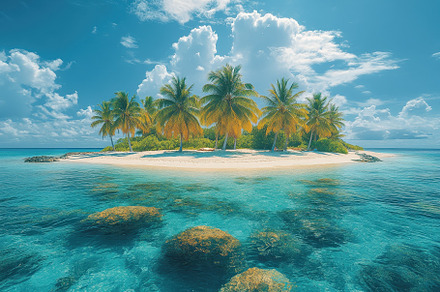 Tropical island with palm trees surr, a Photo by Tanuart