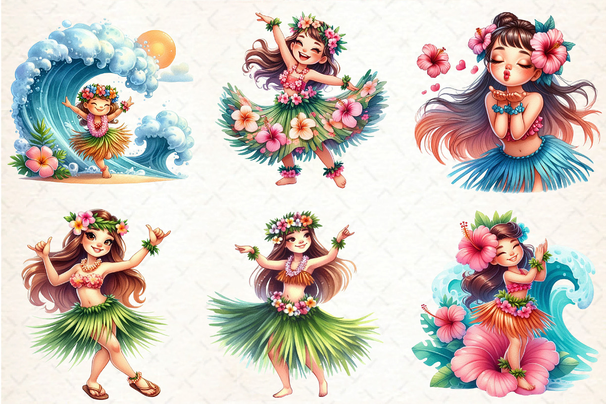 Watercolor Summer Hula Girl Clipart, an Illustration by DreamCafeArt (Photo 2 of 6)