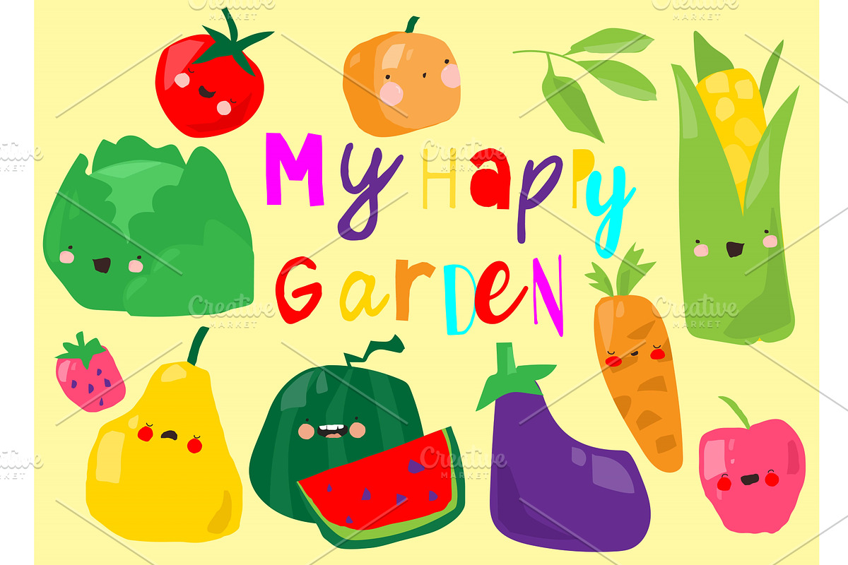Set of Cute Cartoon Fruits and, a Food Illustration by Maria Starus