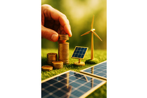 A hand stacking coins next to, a Finance Illustration by Sergey Kotenev