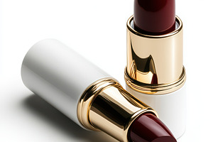 Lipstick with gold trim, red color,, an Abstract Photo by Pixeness Studio