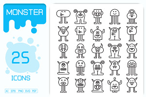 Cute Monster Characters Line Icons, an Outline Icon by Designfour