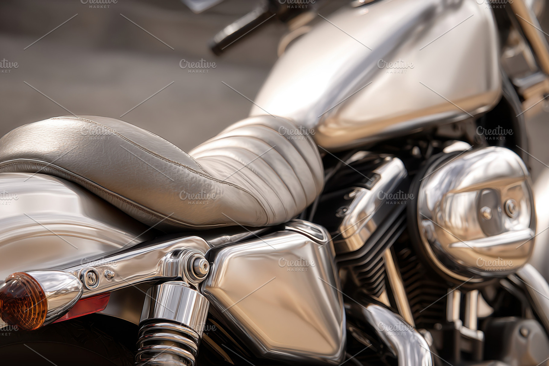 Close-up of a stylish motorcycle seat and chrome details, a Transportation Photo by AlyaAnd