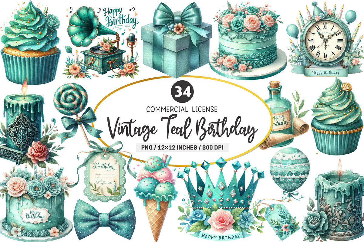 Vintage Soft Teal Birthday Clipart, an Illustration by SinaCreation (Photo 1 of 5)