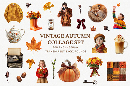 Vintage Autumn Collage Clipart Set
