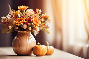 Trendy Vase with Autumn Flower Bouquet And Pumpkins, a Background Photo by Iconogenic