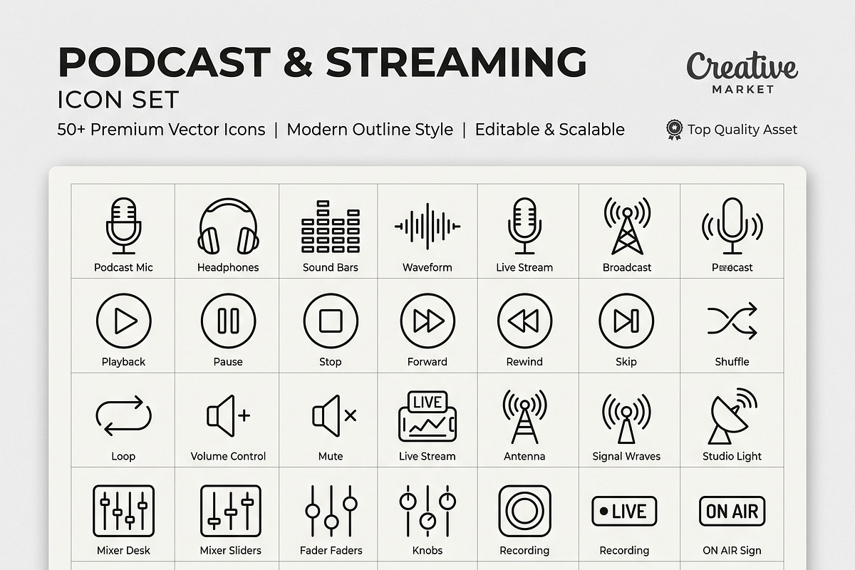 Podcast Streaming Outline Icons, an Outline Icon by adenpinkstore (Photo 1 of 5)