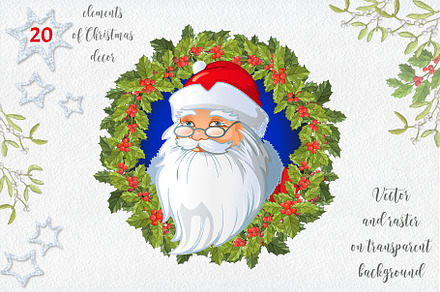 Cartoon Santa and Christmas decor.