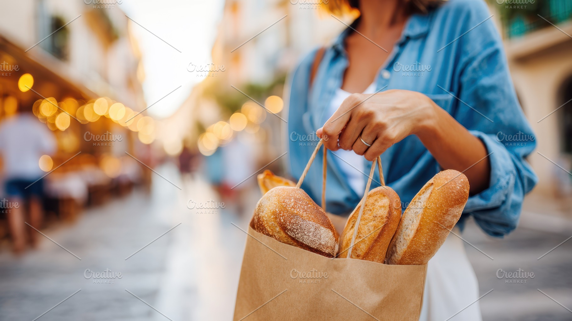 Woman carrying fresh bread in a bustling street, a Food & Drink Photo by AlyaAnd
