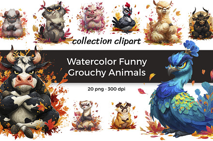 Watercolor Funny Grouchy Animals