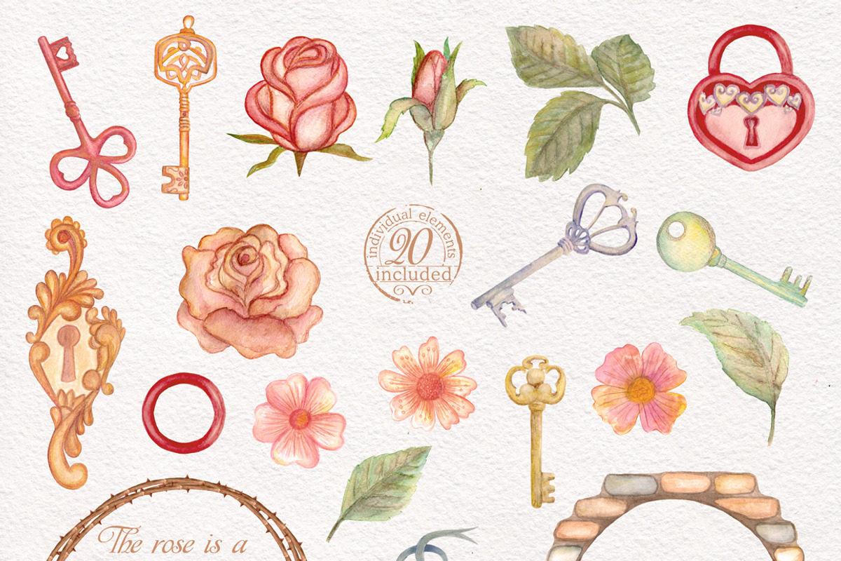 Watercolor wreaths set. Roses & keys, an Illustration by antuanetto (Photo 4 of 6)