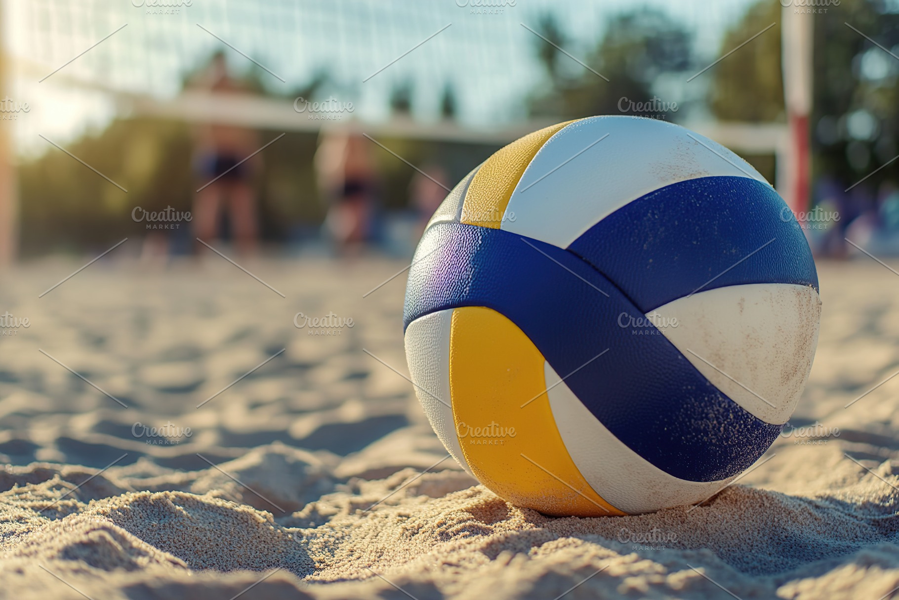 Volleyball on sandy beach with net and players in background during sunny day, a Photo by AlyaAnd