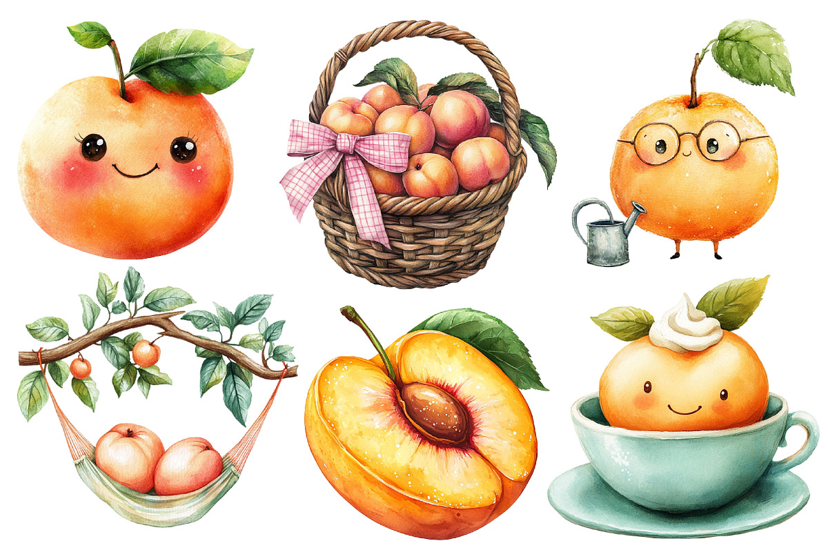Watercolor Cute Peaches Garden Fruit, an Illustration by Designworld (Photo 4 of 7)