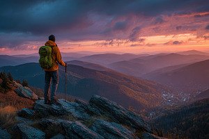 Hiker admires sunset mountain view m, a Photo by Pixeness Studio