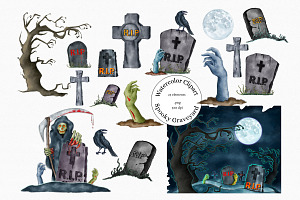 Watercolor Halloween Tombstones