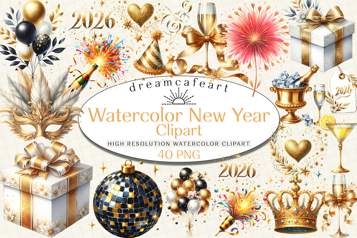 Watercolor New Year Clipart, an Illustration by DreamCafeArt (Photo 1 of 8)