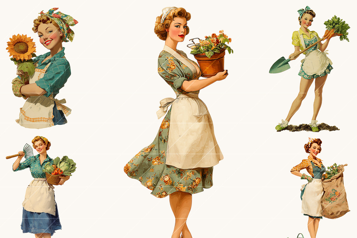 Retro Gardening Pinup Girl Clipart, a Person Illustration by BusyDaydesign (Photo 4 of 9)