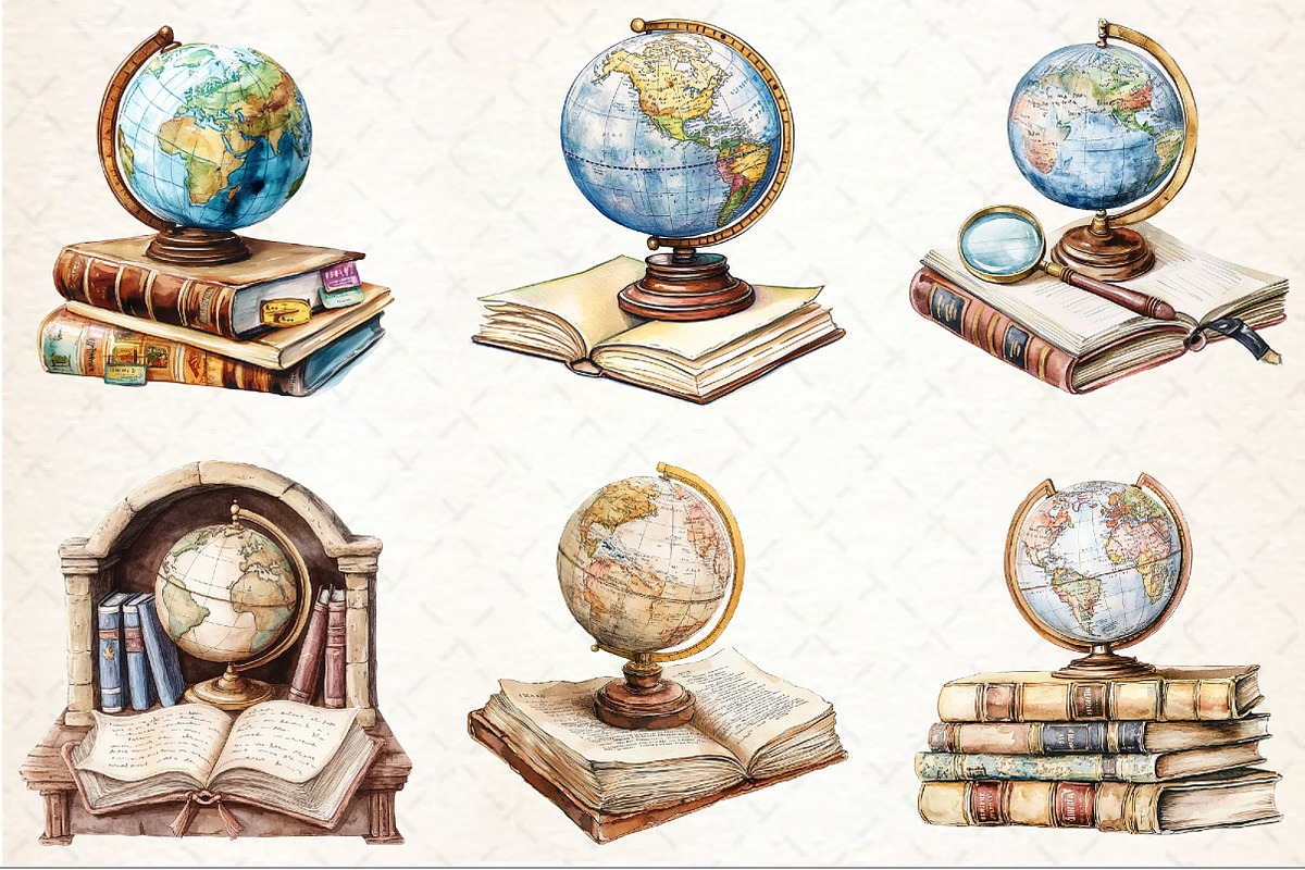 Old Globe on a Pile of Old Books Cli, a Seasonal Illustration by Rose Art (Photo 3 of 4)