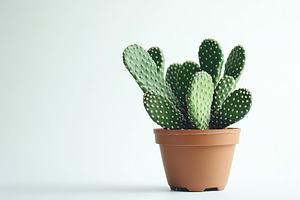 Opuntia cactus in brown plastic pot placed against a light background for indoo, a Photo by AlyaAnd
