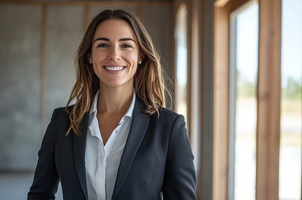 Realtor wearing a suit smiles confidently in stylish living room, a Person Photo by AlyaAnd