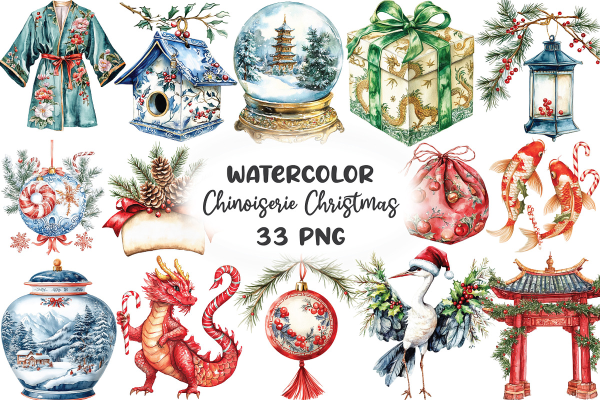 Chinoiserie Christmas Clipart, an Illustration by CraftArtStudio (Photo 1 of 6)