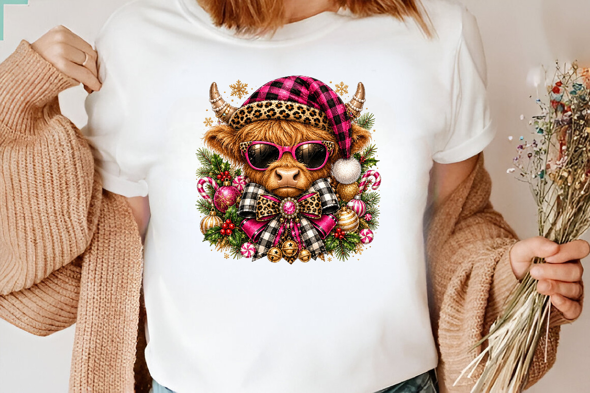 Pink Highland Cow Christmas PNG, a Seasonal Illustration by CraftArtStudio (Photo 3 of 4)