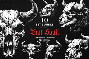 10 Bundle Dark Art Bull Skull Animal, an Illustration by Morspective