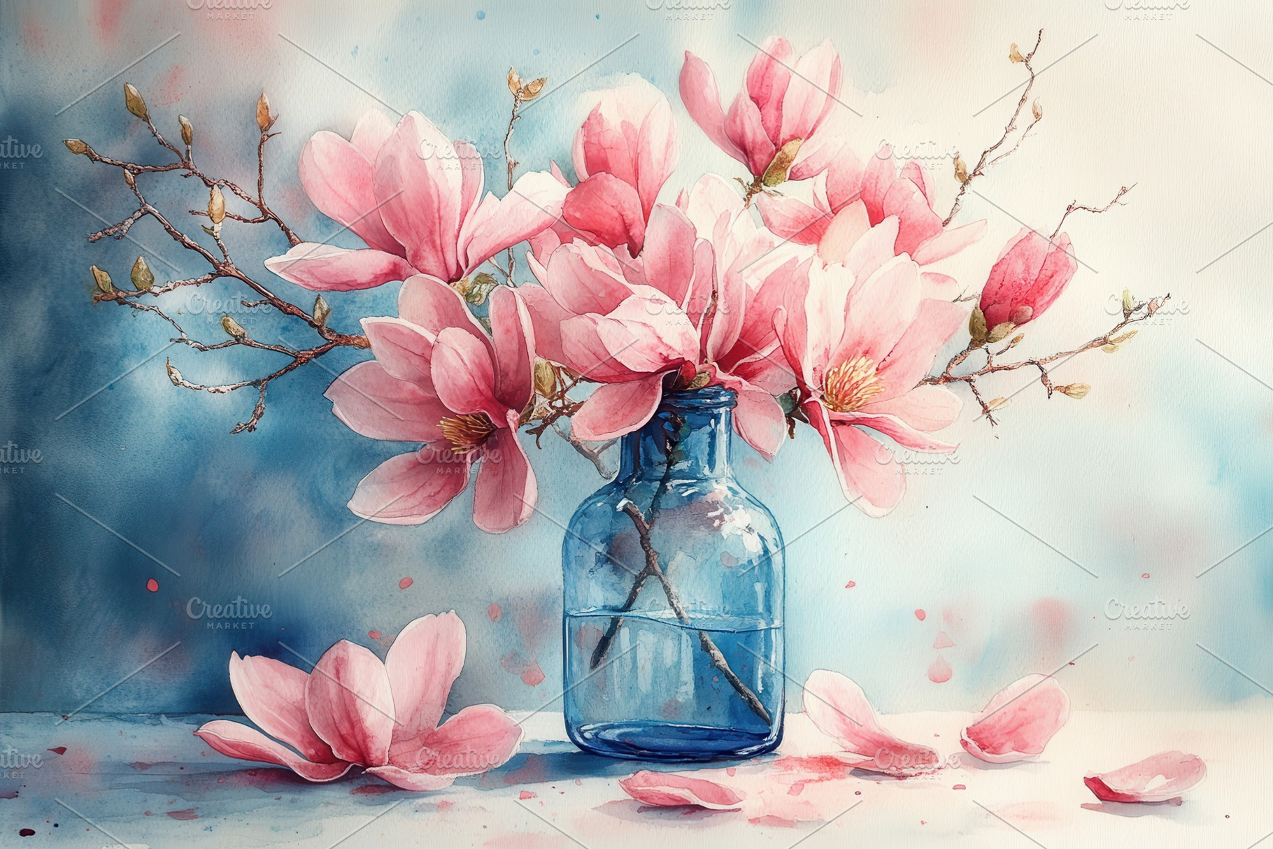 Pink Magnolia blossoms in blue glass, a Photo by Pixeness Studio