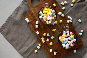 Warm Chocolate Cocoa in Mugs with Colorful Marshmallows, top vie, a Food & Drink Photo by LiudmylaChuhunova