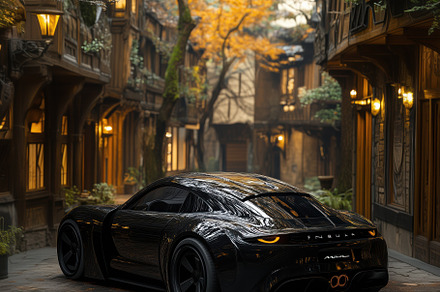 A sleek black sports car parked in a picturesque alleyway surrounded by autumn, a Transportation Photo by Textures & Backgrounds