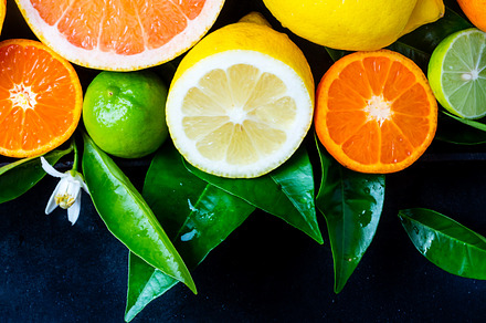 Assorted fresh citrus fruits with leaves background featuring fruit, food, a Food & Drink Photo by LARISA BLINOVA