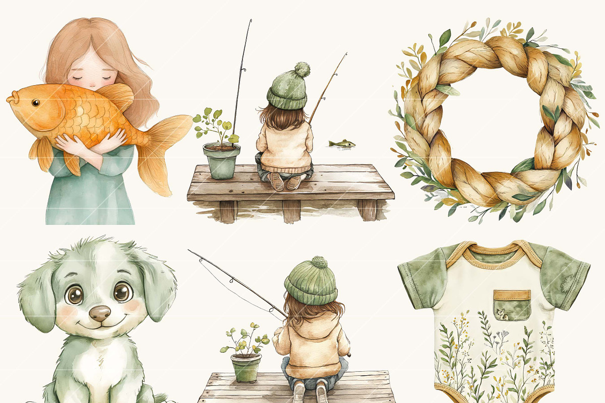 Watercolor Little Fisherman Clipart, a Person Illustration by SparkyDesignsUS (Photo 5 of 8)