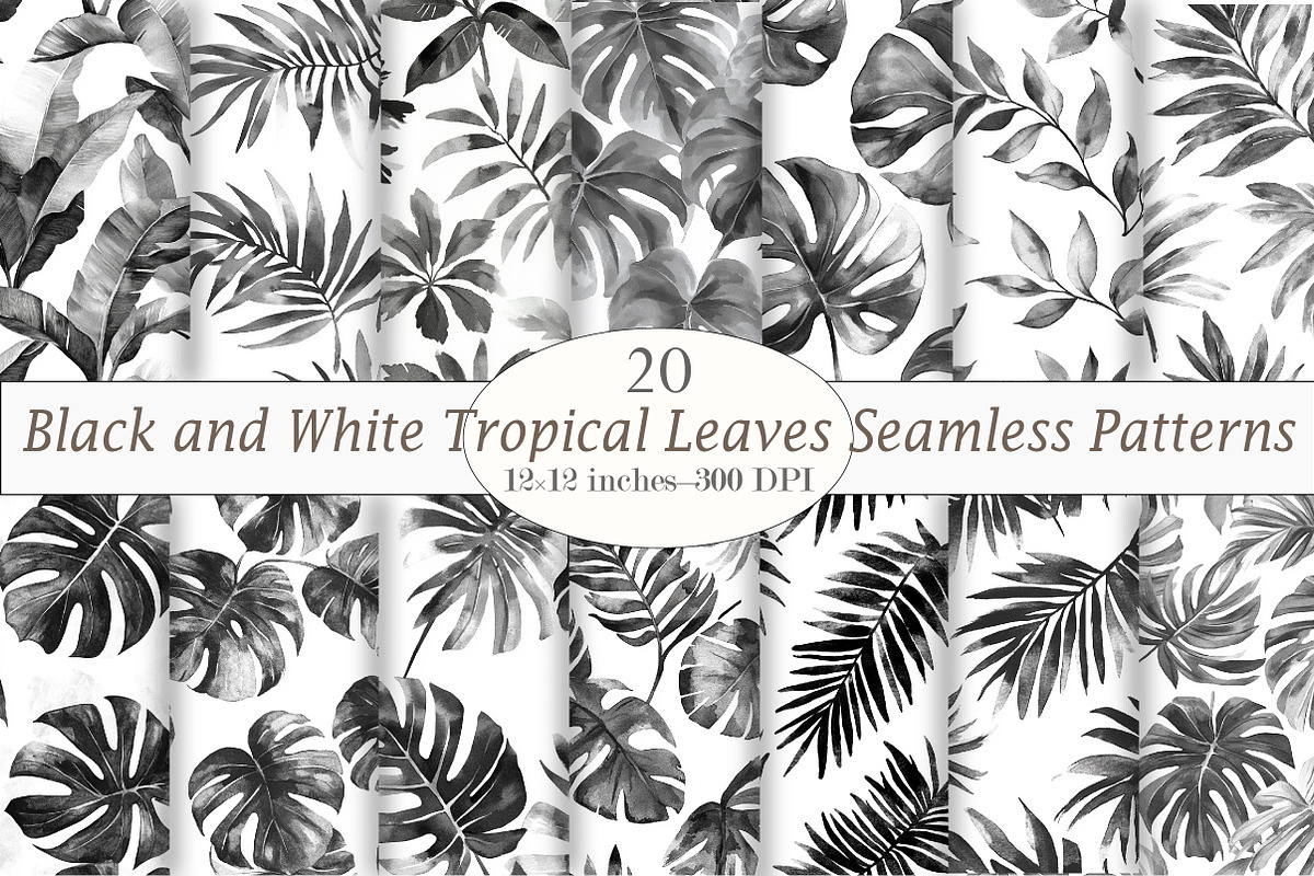 Black and White Tropical Leaves Seam, a Pattern Graphic by Design Market (Photo 1 of 4)