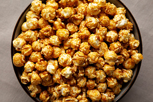 Homemade Caramel Pop Corn in a Bowl, top view.