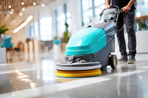 Person using a floor cleaning machine indoors, an Industrial Photo by AlyaAnd