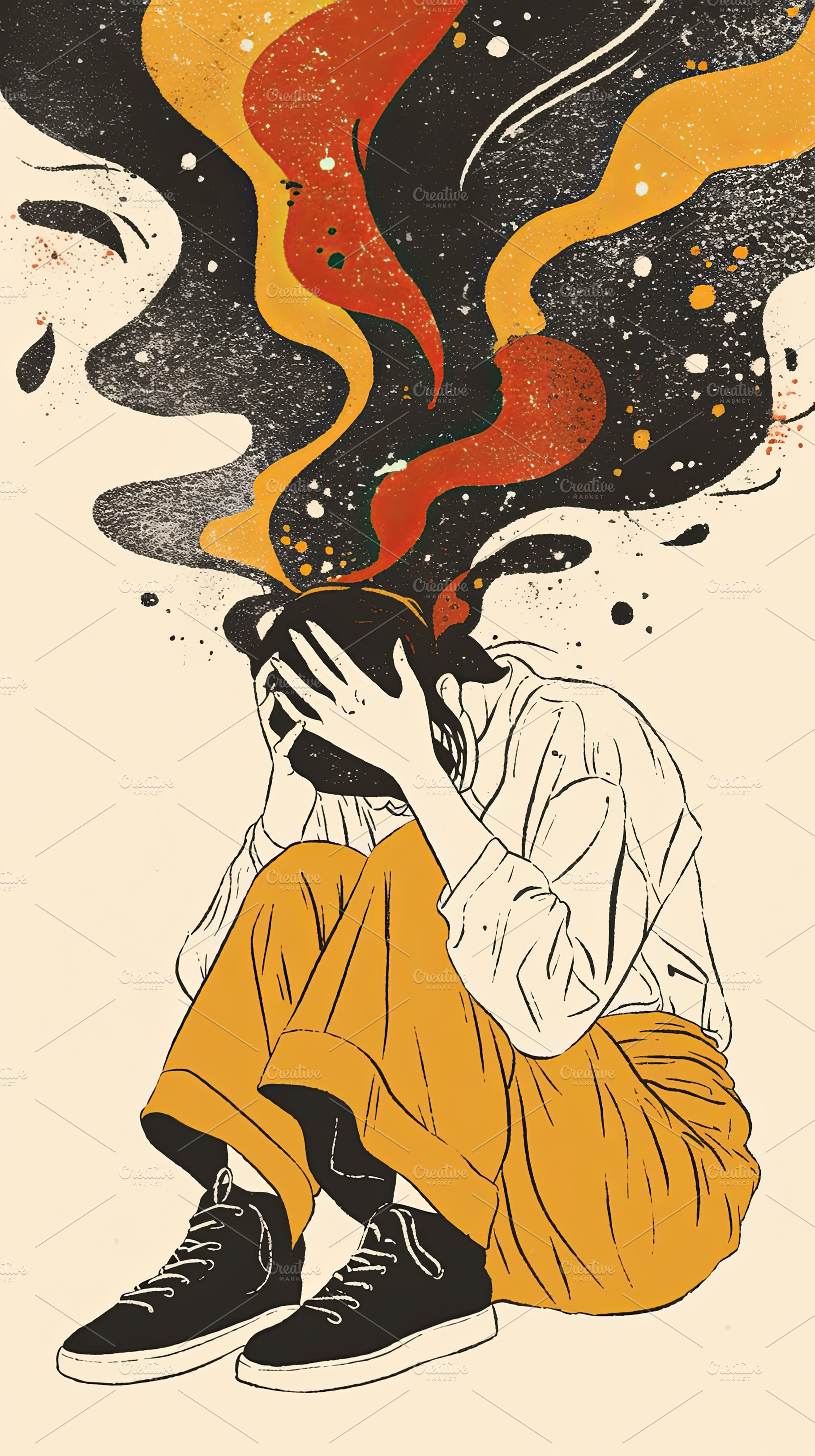 Illustration of a stressed woman experiencing mental overwhelm with abstract ex, a Photo by AS photostudio