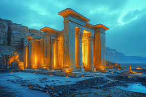 Ancient temple illuminated at dusk h, a Photo by Tanuart