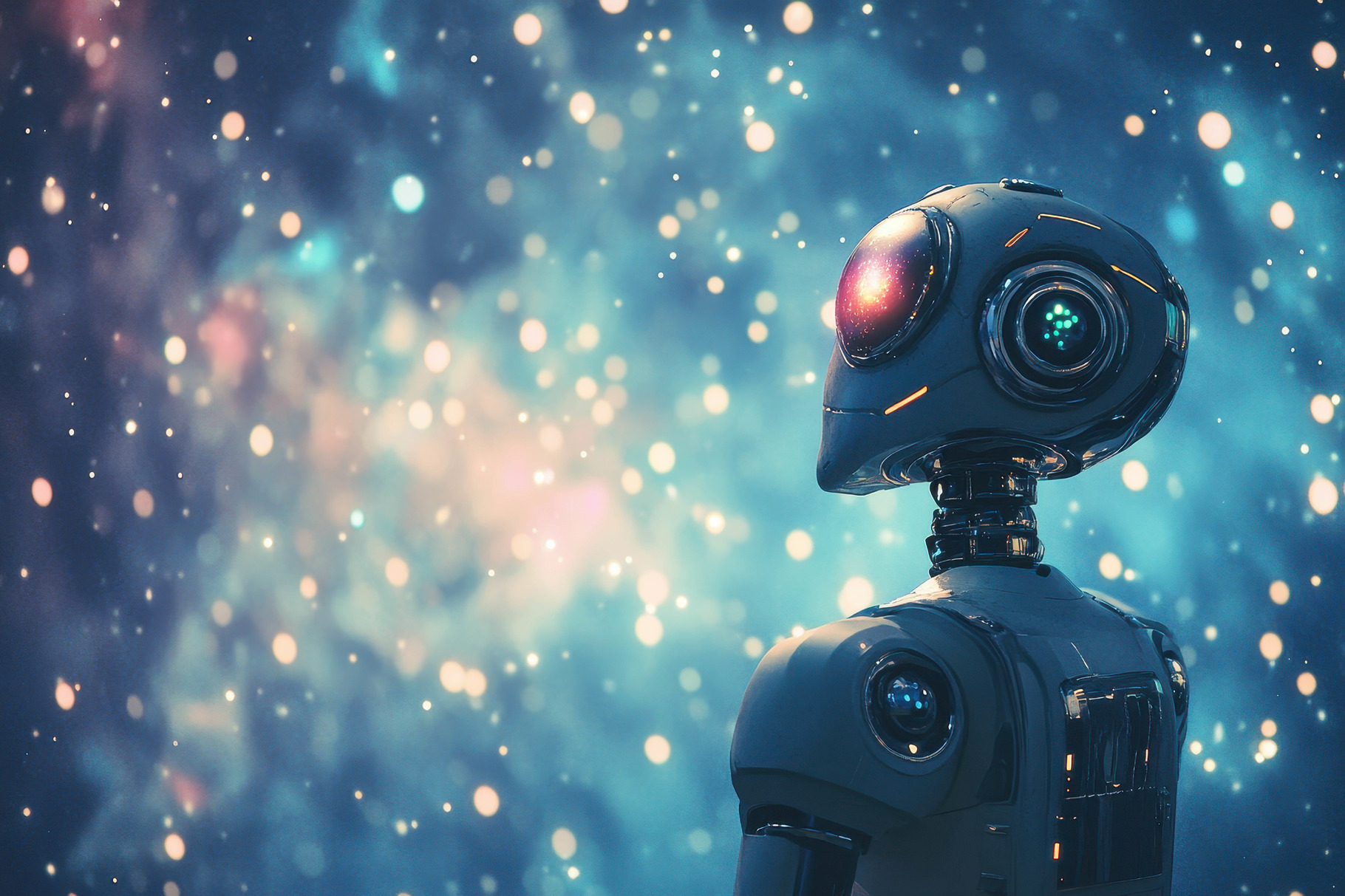 Futuristic robot gazing at a starry, a Photo by Tanuart