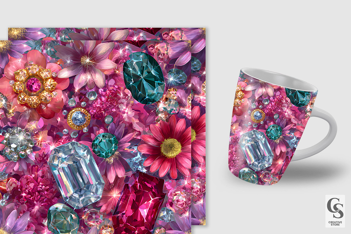 Pink Gemstones and Flowers Pattern |, a Pattern Graphic by Creative Store (Photo 3 of 5)