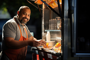 Close-up of a vendor selling street food from a food truck window, a Person Photo by zakiroff
