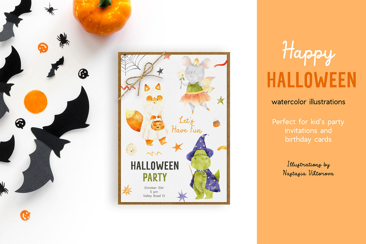 Cute animal Halloween clipart, an Animal Illustration by Watercolor Nastasia Art (Photo 3 of 7)