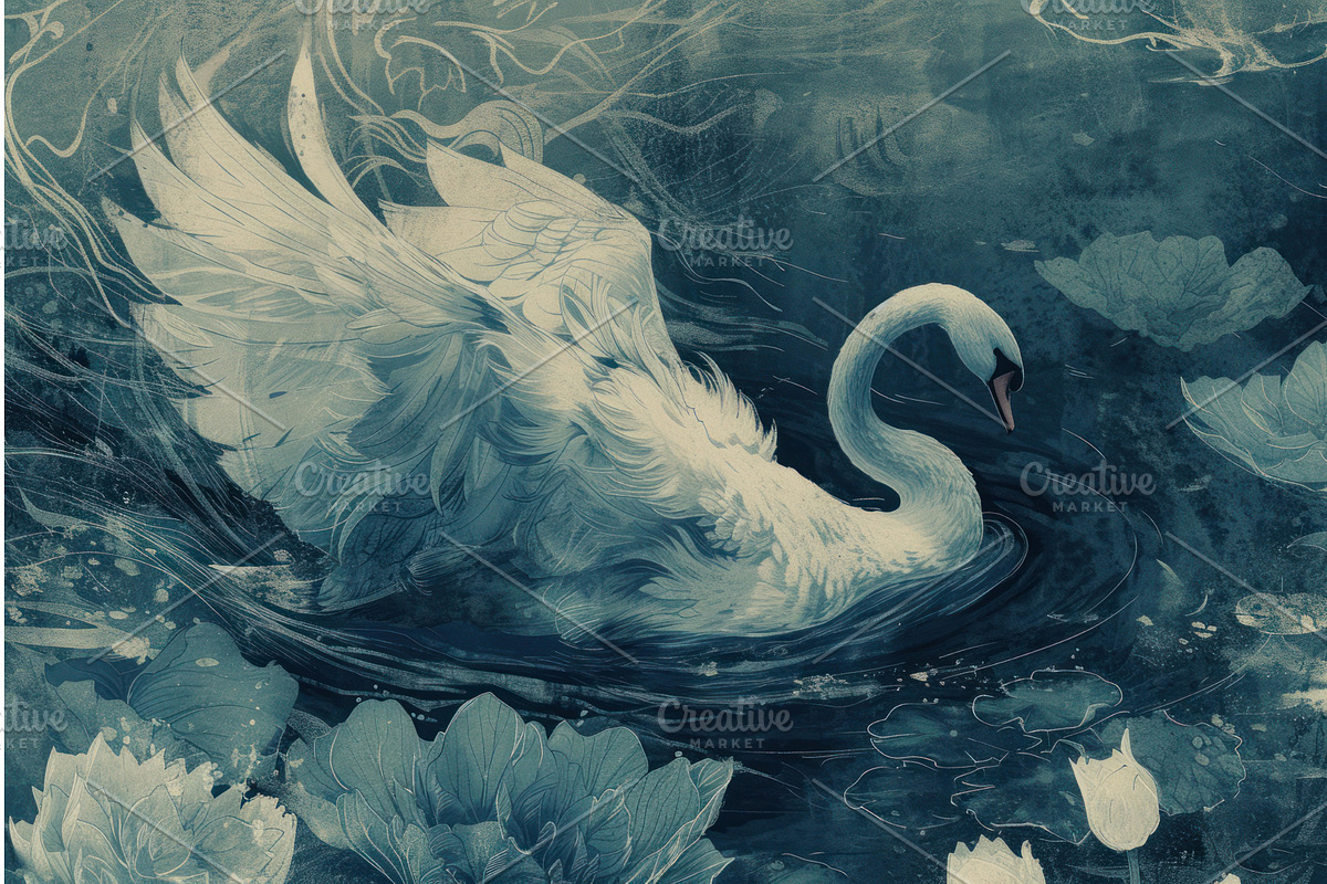 Ethereal swan on a mystical lake, an Animal Illustration by Ylivdesign