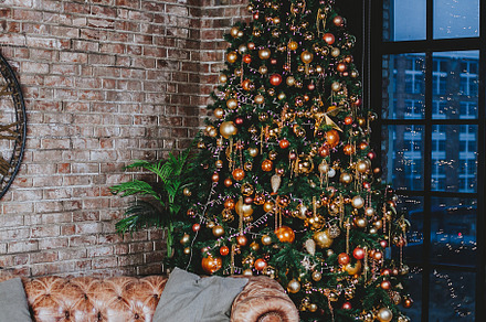 Interior with couch and decorated ch containing ball, bauble, and bead