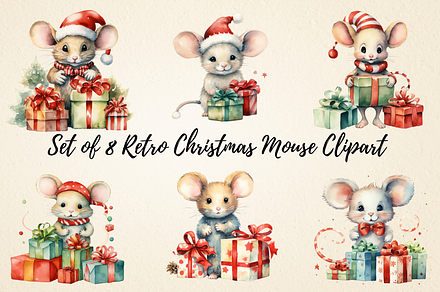 Retro Christmas Mouse Clipart, an Animal Illustration by PcuDesigns Illustrations