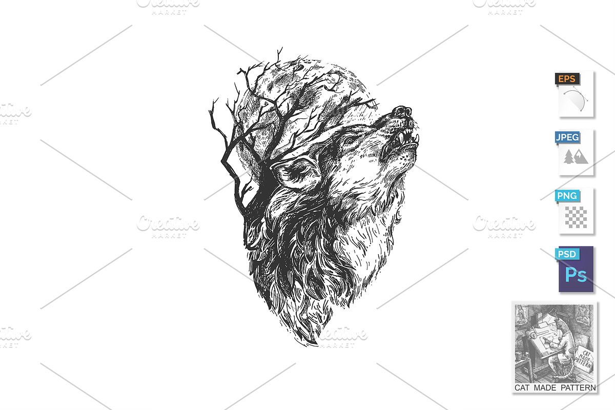 Wild wolf howling engraved portrait, a Background Graphic by CatMadePattern (Photo 1 of 2)