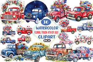 watercolor Floral Truck 4th of july, an Illustration by DreamCafeArt