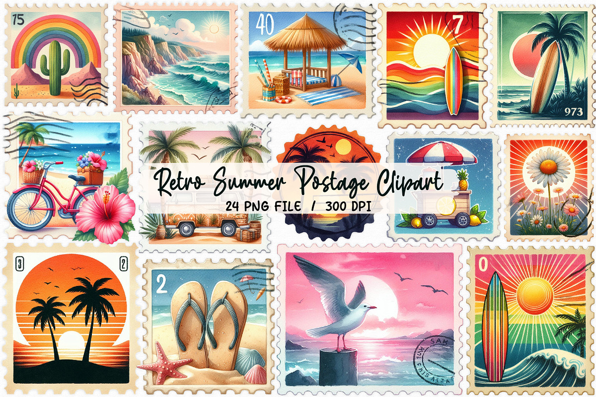 Retro Summer Postage Clipart, an Illustration by Libby Wishes (Photo 1 of 5)